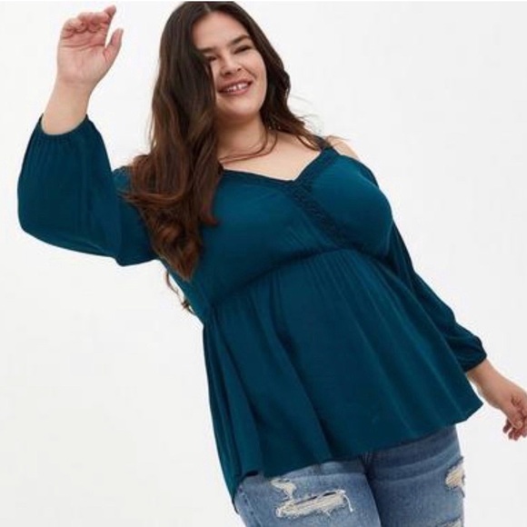 Torrid Teal Gauze‎ Cold Shoulder Peplum Blouse - Picture 1 of 12